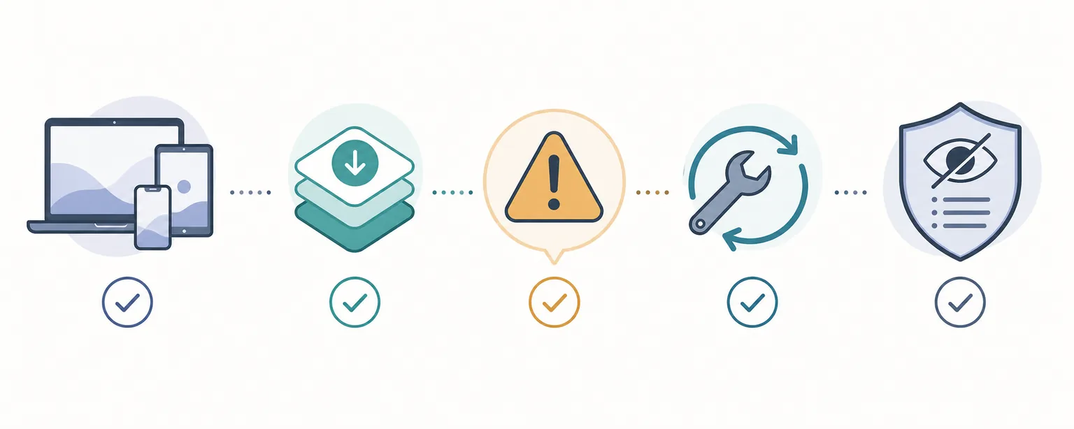 Ilustración de lista de comprobación con dispositivo, descarga, advertencia, reparación y privacidad