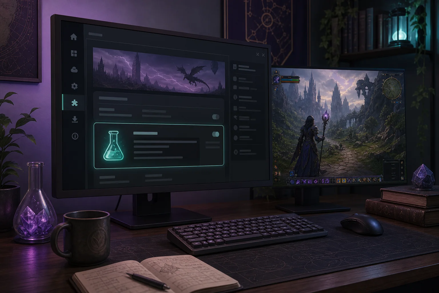 Concept illustration of a generic launcher settings panel with an experimental plugin symbol beside a fantasy game window