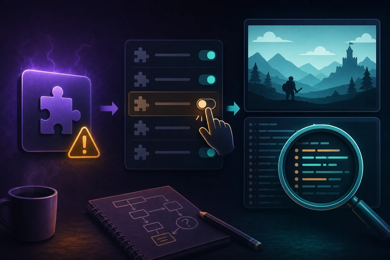 Concept illustration of disabling a problematic plugin, returning to a clean game state, and reviewing abstract logs