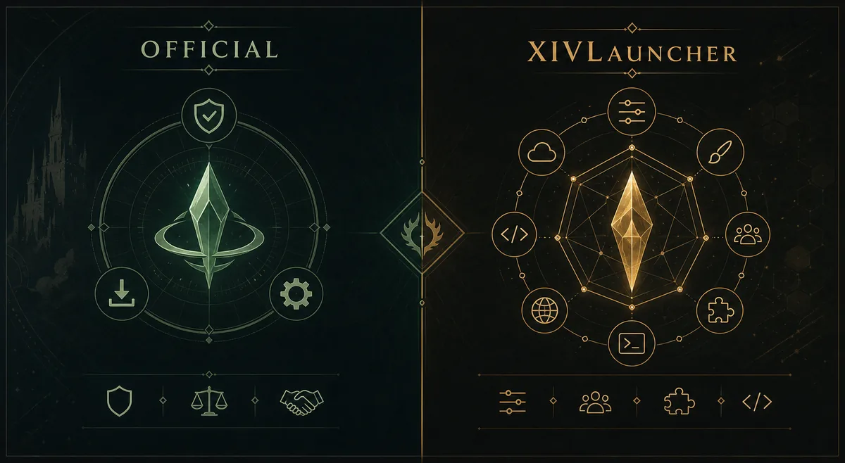Gráfico editorial que compara el launcher oficial de FF14 y XIVLauncher