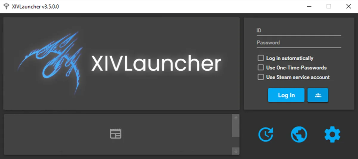 Interface oficial antiga do XIVLauncher 3.5.0 mostrada como contexto histórico