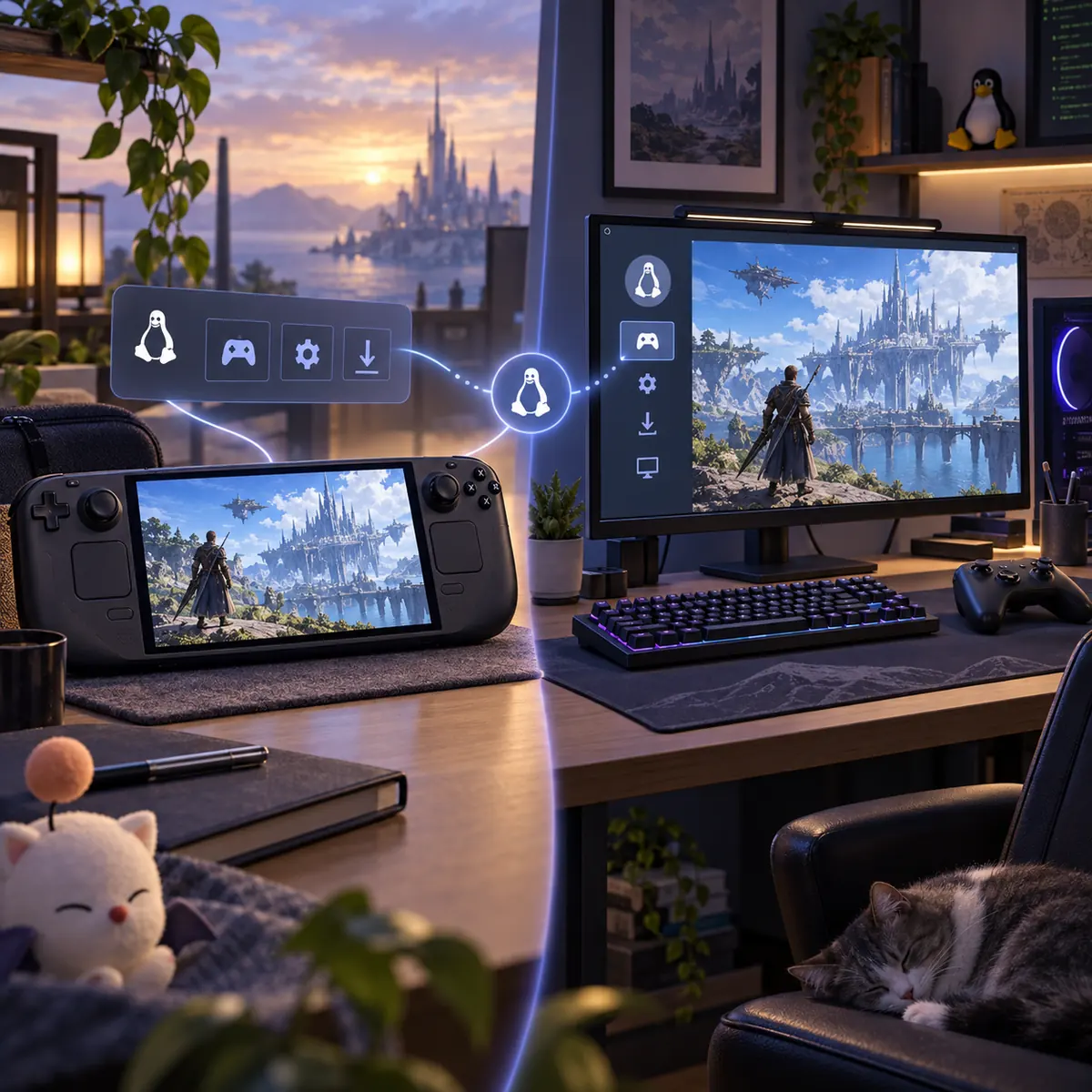 Ilustração comparativa de FFXIV no Steam Deck e em um desktop Linux