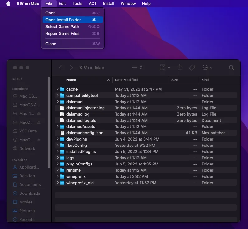Offizieller XIV-on-Mac-Installationsordner mit Dalamud, Logs, Runtime und Wine