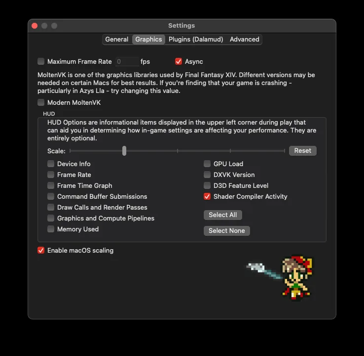 Offizielles XIV-on-Mac-Einstellungsfenster mit Grafik- und Dalamud-Optionen