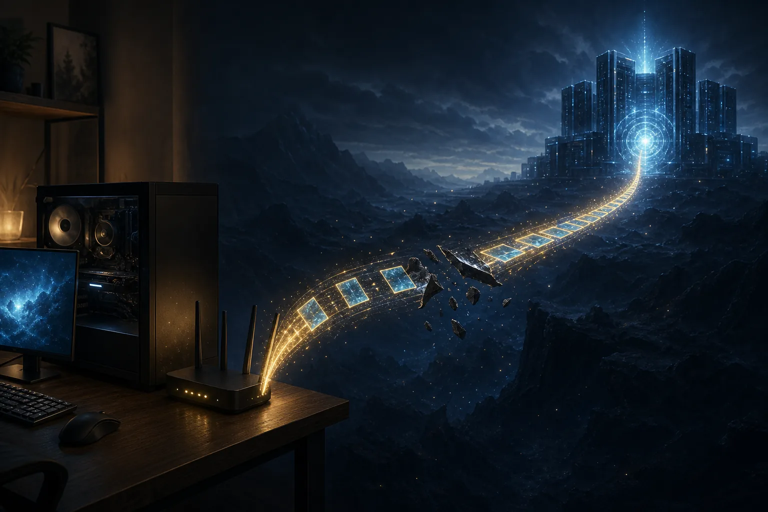 Illustrazione editoriale di un trasferimento patch interrotto tra PC e server