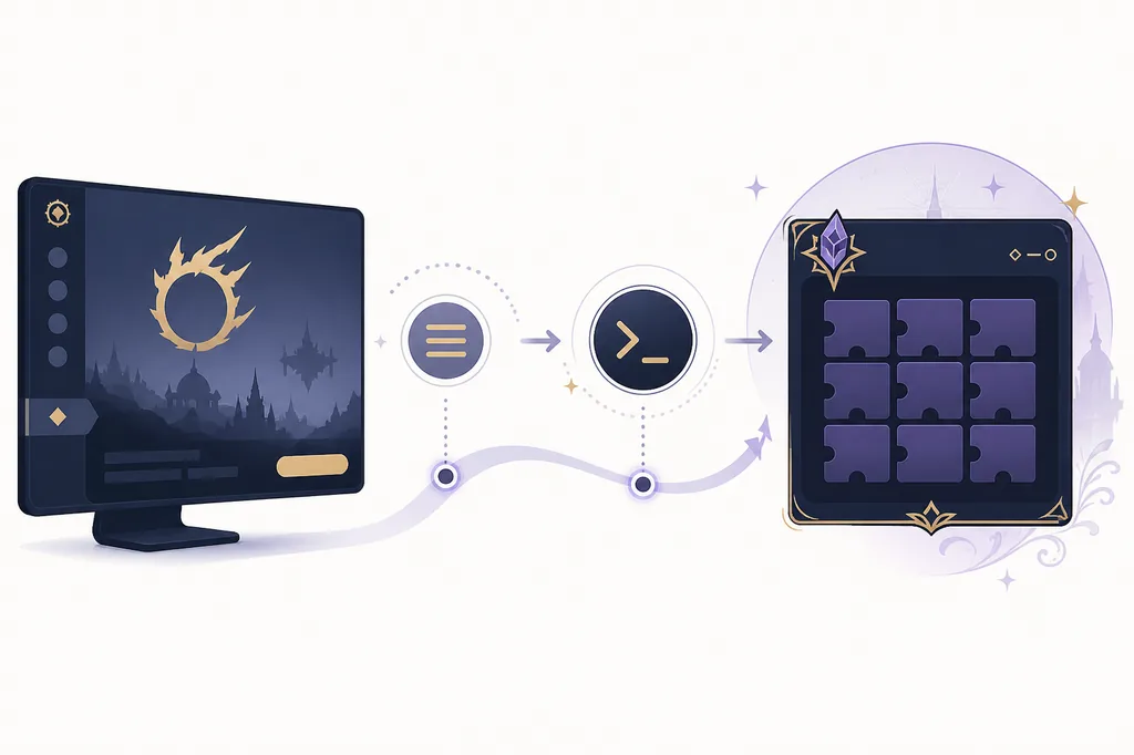 Editorial illustration showing a game window, a chat command, and a local folder as three separate plugin locations