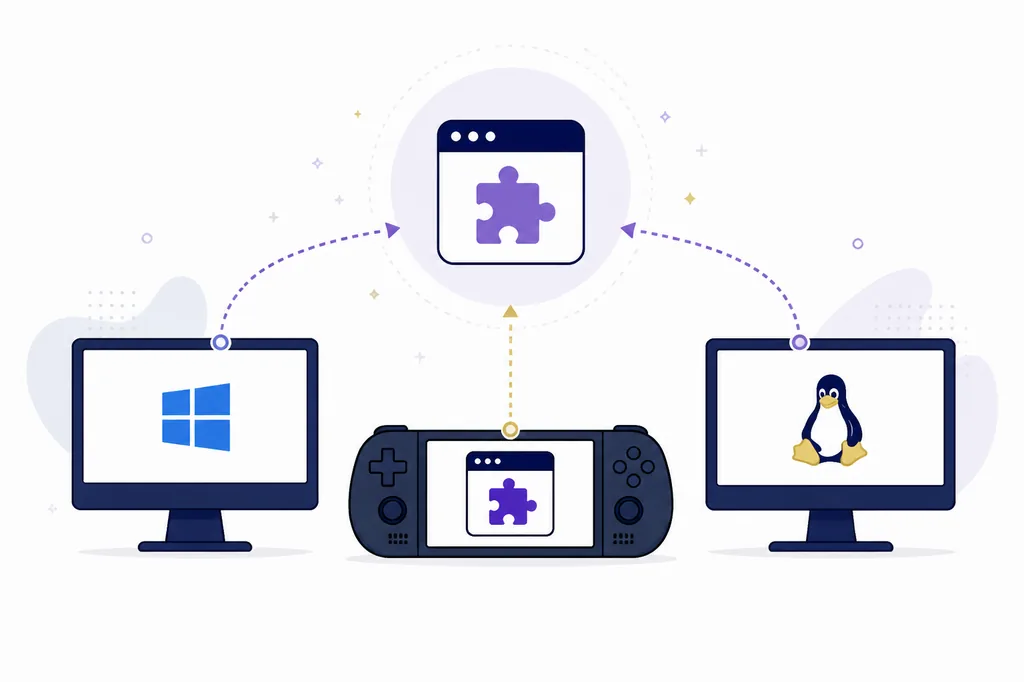 Editorial comparison illustration of Windows and Steam Deck plugin access using the same Dalamud command