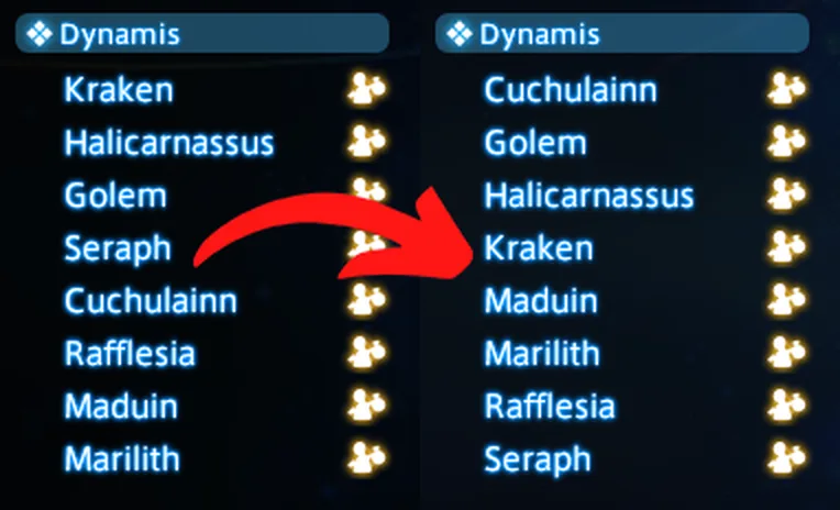 Vista oficial de Simple Tweaks con la lista de mundos de FFXIV antes y después de ordenarla
