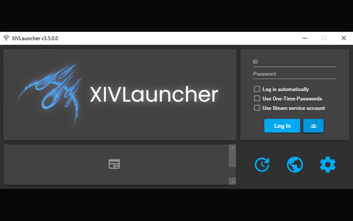 Official XIVLauncher screenshot showing the custom FFXIV launcher interface